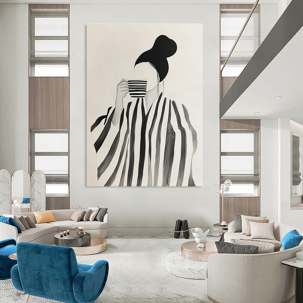 Abstract art featuring a woman in a striped robe enjoying coffee amidst neutral shapes in shades of black and grey on a white background.STSC1344