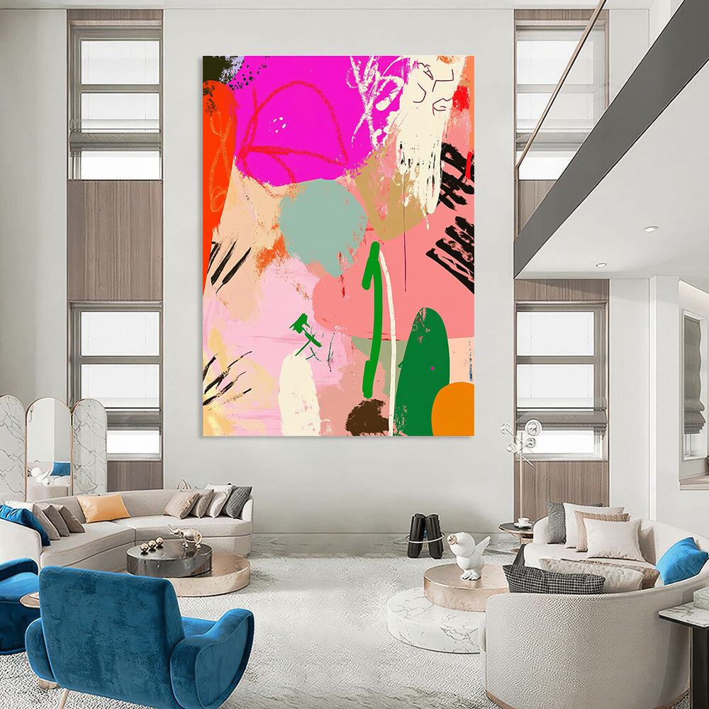Large abstract painting featuring playful lines and whimsical patterns in pink, green, and orange creating a vibrant collage with organic forms.STSC485