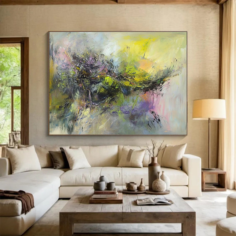 Large abstract painting of a battlefield with thick brush strokes in muted greens yellows pinks and purples depicting movement and chaos.SC305