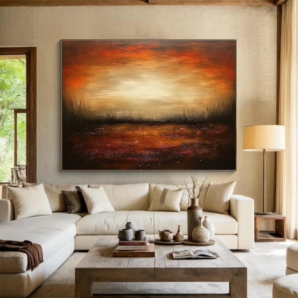 Dark Sunset Field Abstract Painting with Warm Oranges and Browns DYP246