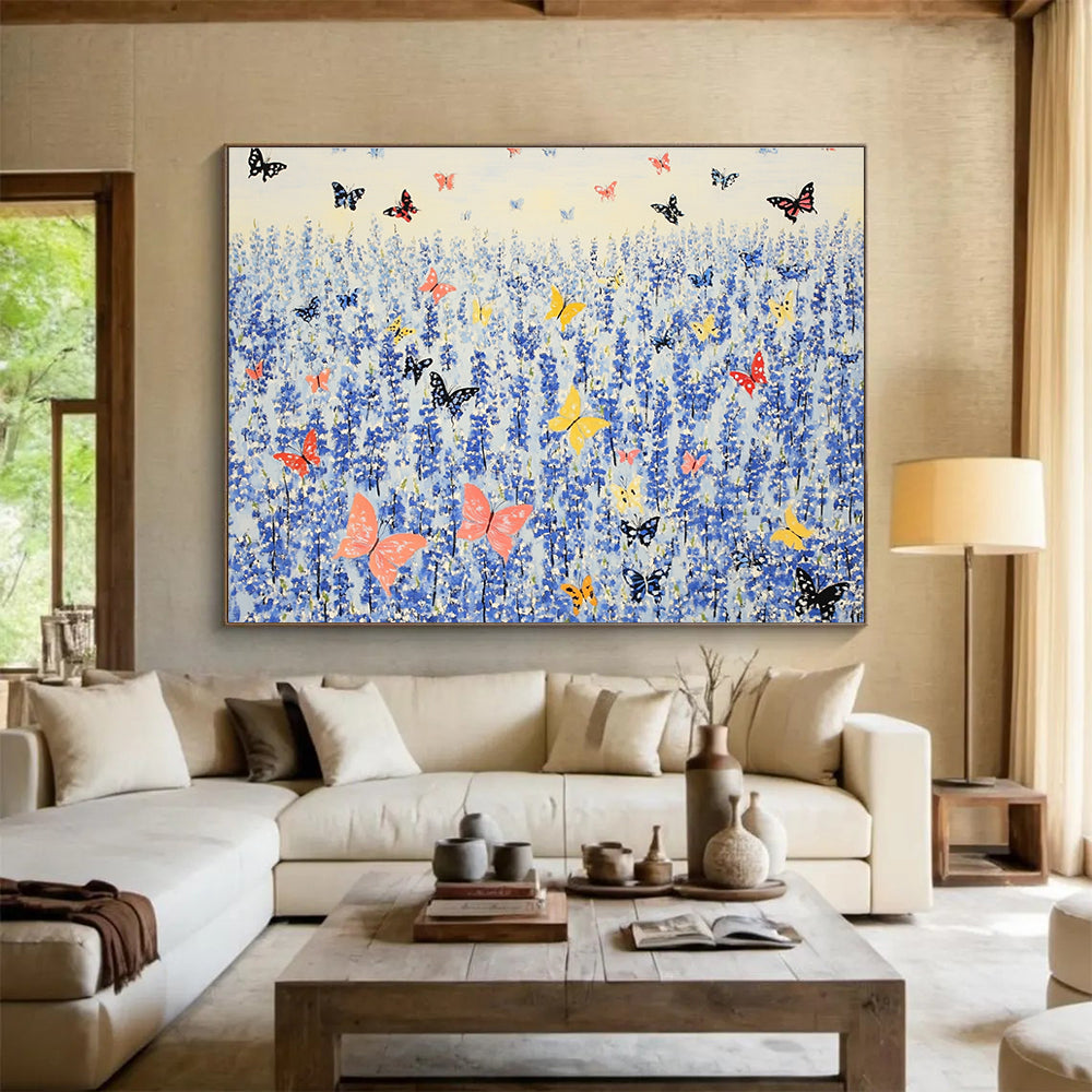 An abstract painting of bluebells surrounded by colorful butterflies in the vibrant style of Henri Matisse.SC463