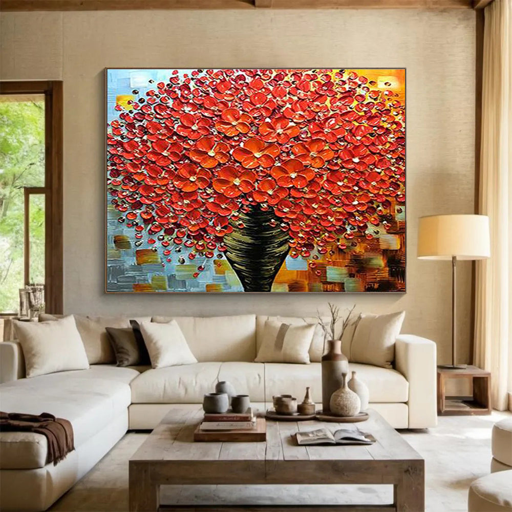Red Flower Vase Abstract Painting with Textured Petals THY226