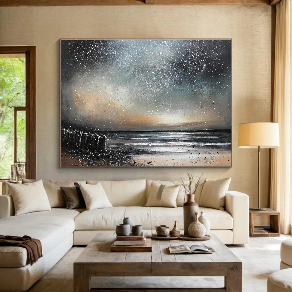 An abstract painting of a night sky over the ocean with silver and bronze stars falling like snow, crafted in oil on canvas.SC529