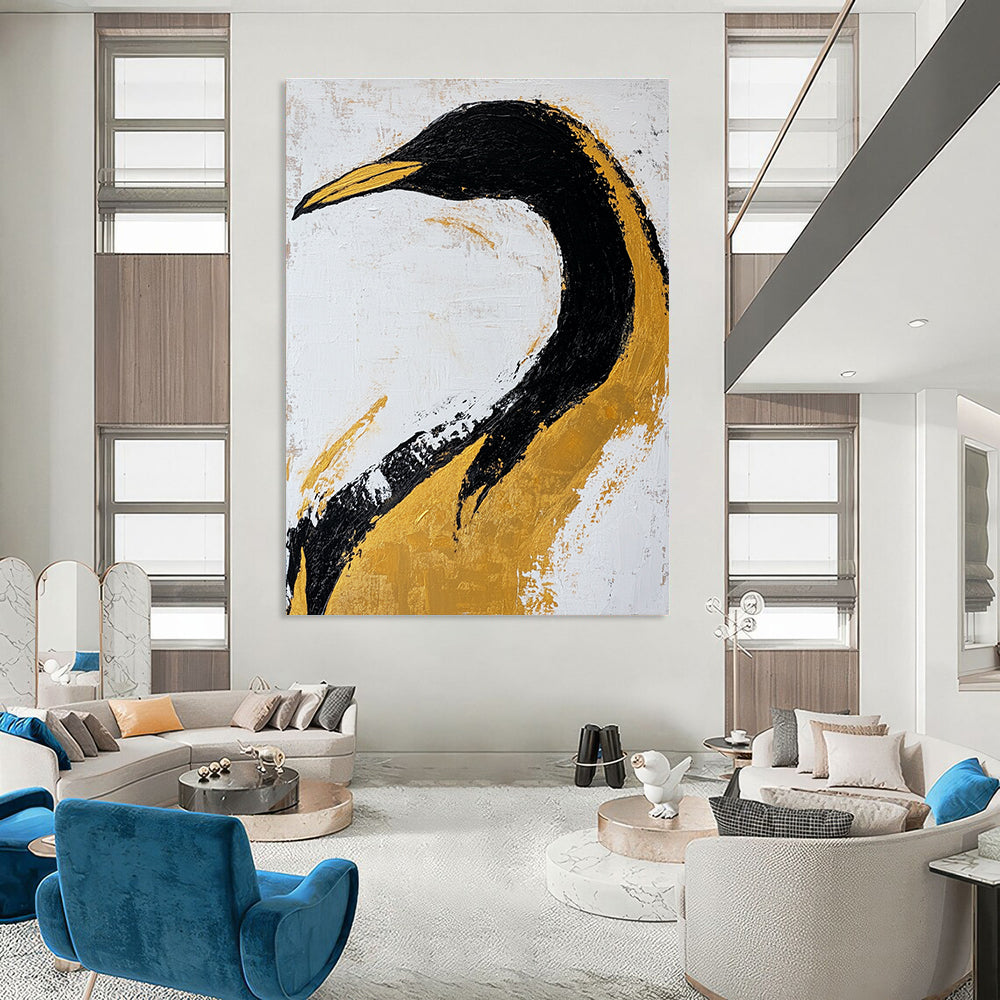 Large abstract art painting featuring a black and gold penguin on textured paper with gold leaf accents against a white background.STSC011