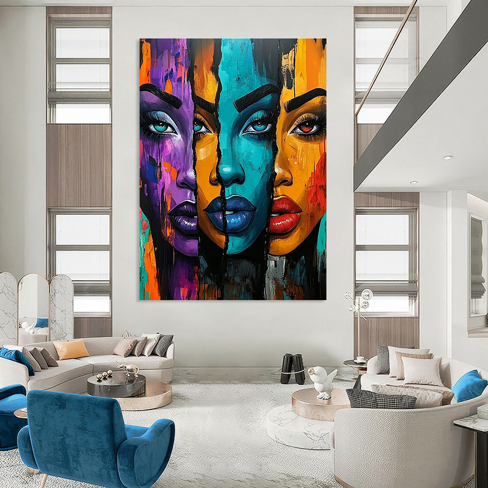 A large abstract painting featuring three vibrant African American women with bold colors and expressive features set against an energetic urban-inspired background.STSC1220