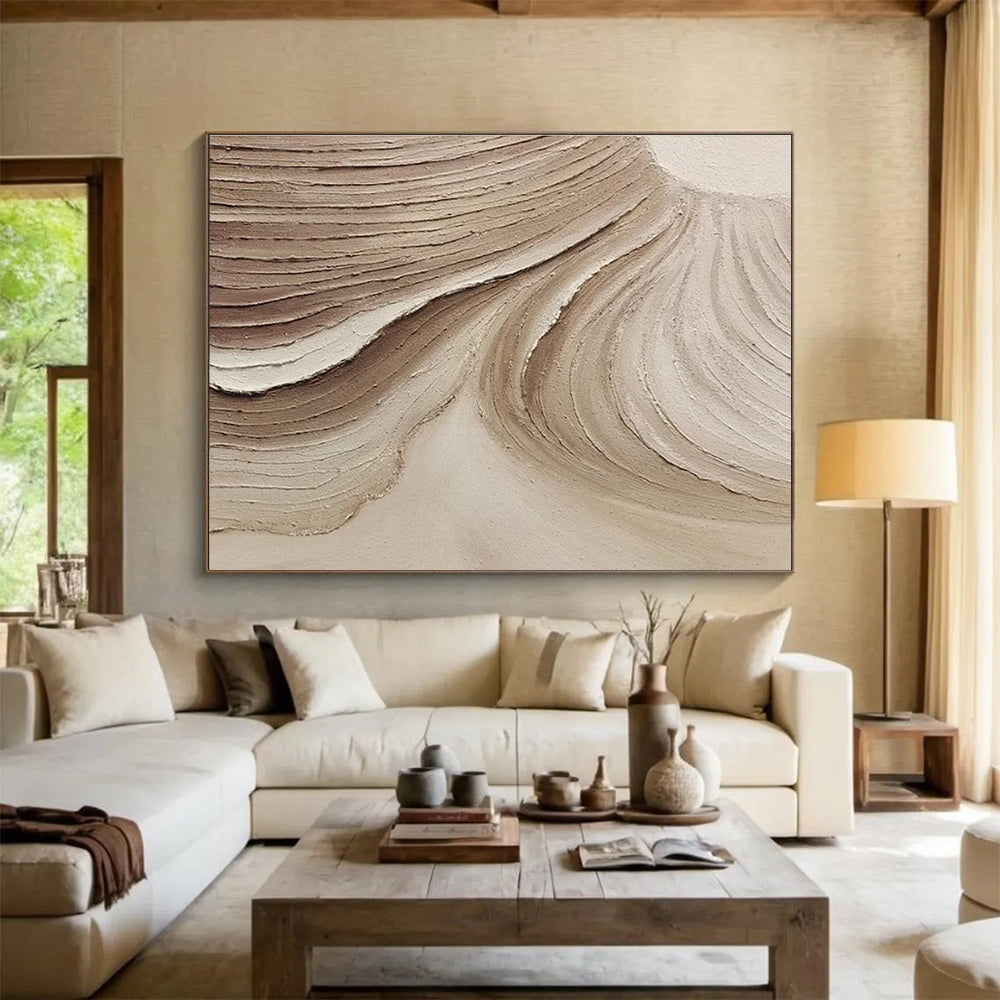 Beige Textured Abstract Painting with Natural, Sand - Like Patterns THY398