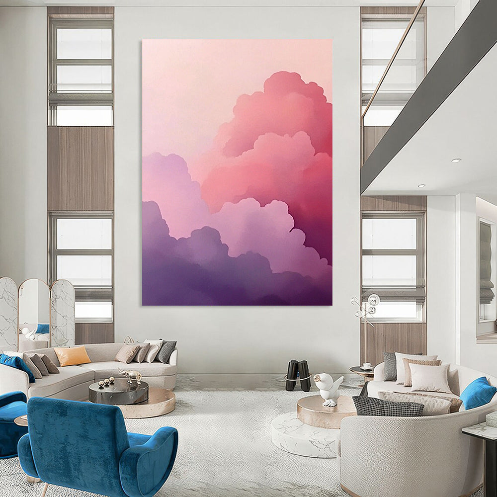 A large abstract painting featuring pink clouds in a minimalist style with soft purple and gray hues creating a dreamy atmosphere.STSC1160