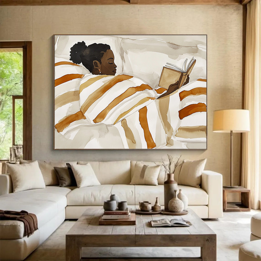 Abstract painting of an African American woman reading in bed with a striped blanket in a neutral color palette featuring simple shapes and minimalistic style.SC617