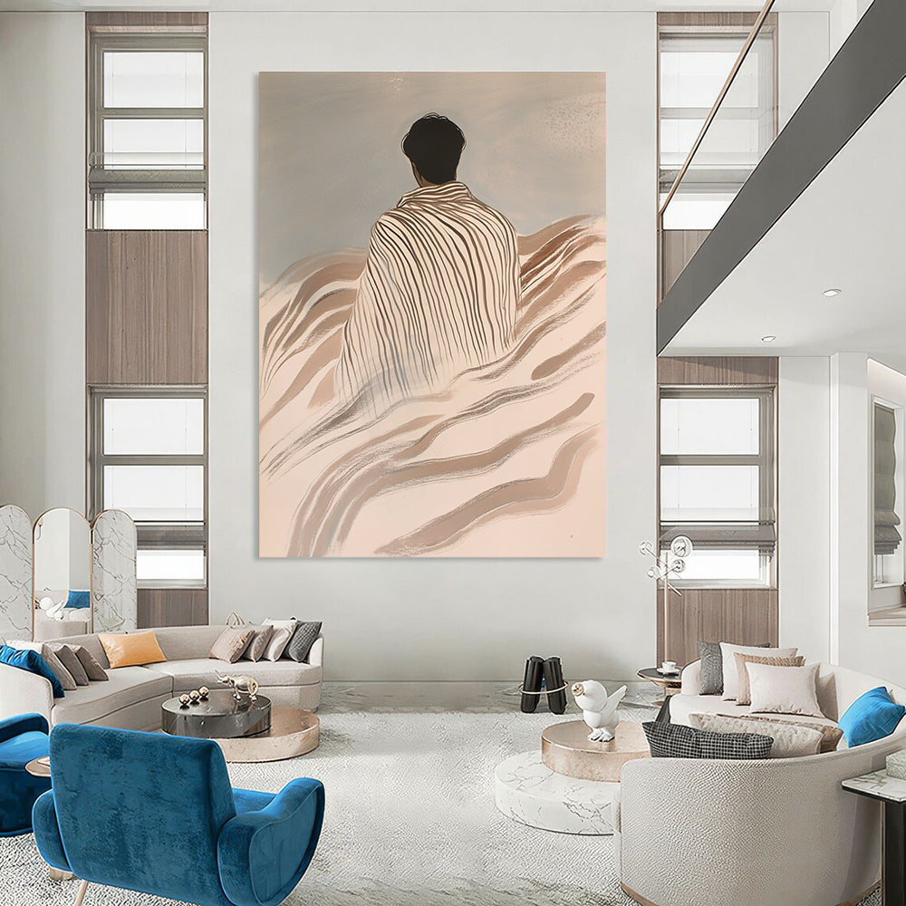 Abstract painting featuring an Asian man wrapped in striped blankets on waves with a light gray background in ink wash style.STSC1116