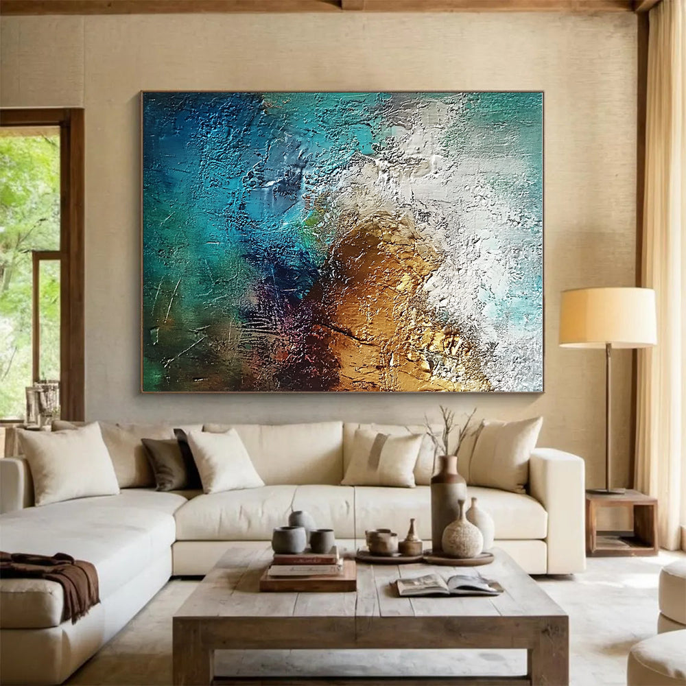Teal Gold Abstract Painting with Thick Textures GER785