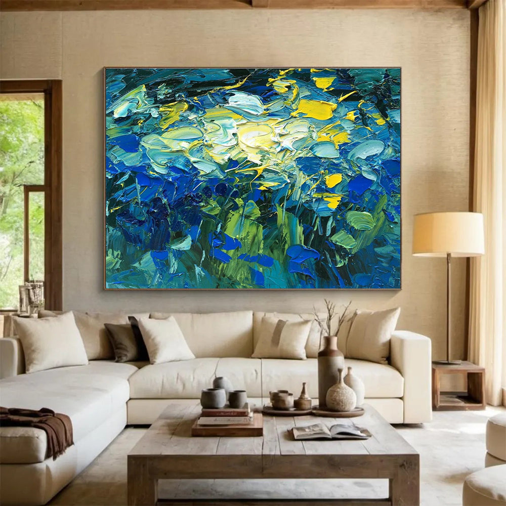 Blue Yellow Green Abstract Floral Painting THY483
