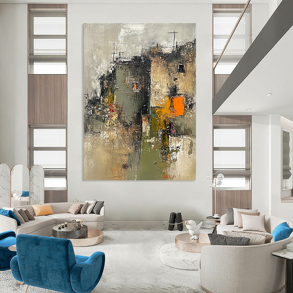 Large abstract painting of an old town with neutral grays greens beige orange and pink accents featuring loose brush strokes and a wabi-sabi aesthetic.STSC659
