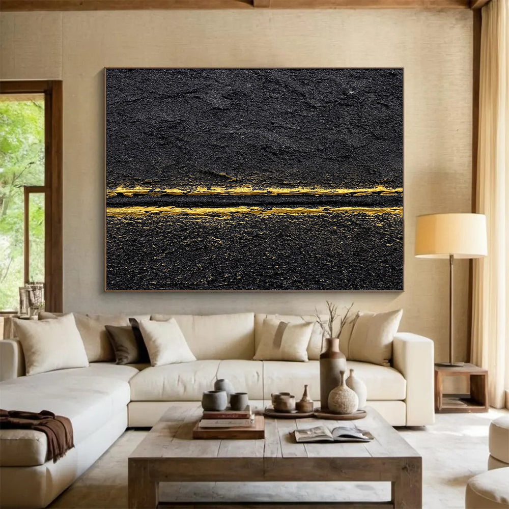 Black Gold Abstract Painting with Sleek - Sophisticated Lines THY367