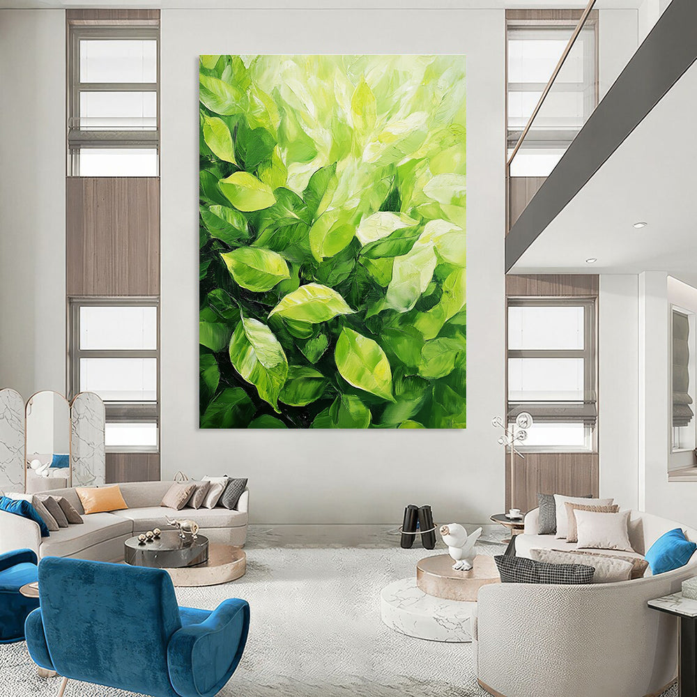 Large abstract painting featuring lush green leaves with vibrant colors and expressive brushstrokes capturing the tranquility of nature.STSC1032