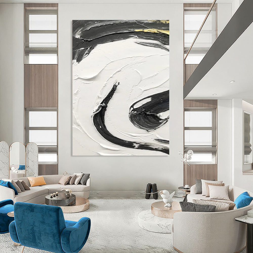 Gold - Accented Black and White Swirl Abstract Painting ADGE378