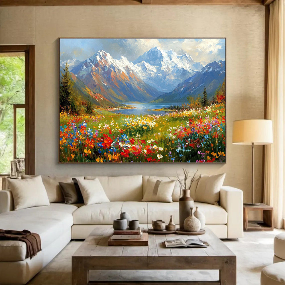 Flower - Filled Mountain Valley Abstract Painting with Colorful Blossoms DYP577
