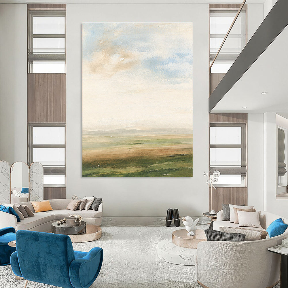 Abstract watercolor painting of an English landscape featuring soft clouds grassy fields muted colors and impressionist brush strokes.STSC497