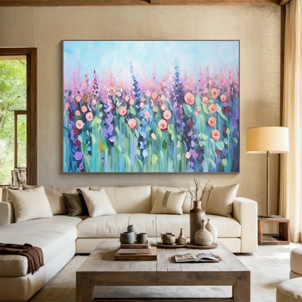 Pastel Flower Field Abstract Painting with Soft Pink and Purple Tones THY229