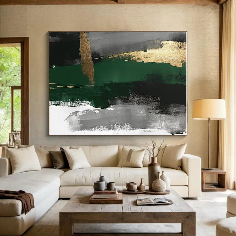 Green Gold Gray Abstract Painting with Elegant Layers GER755