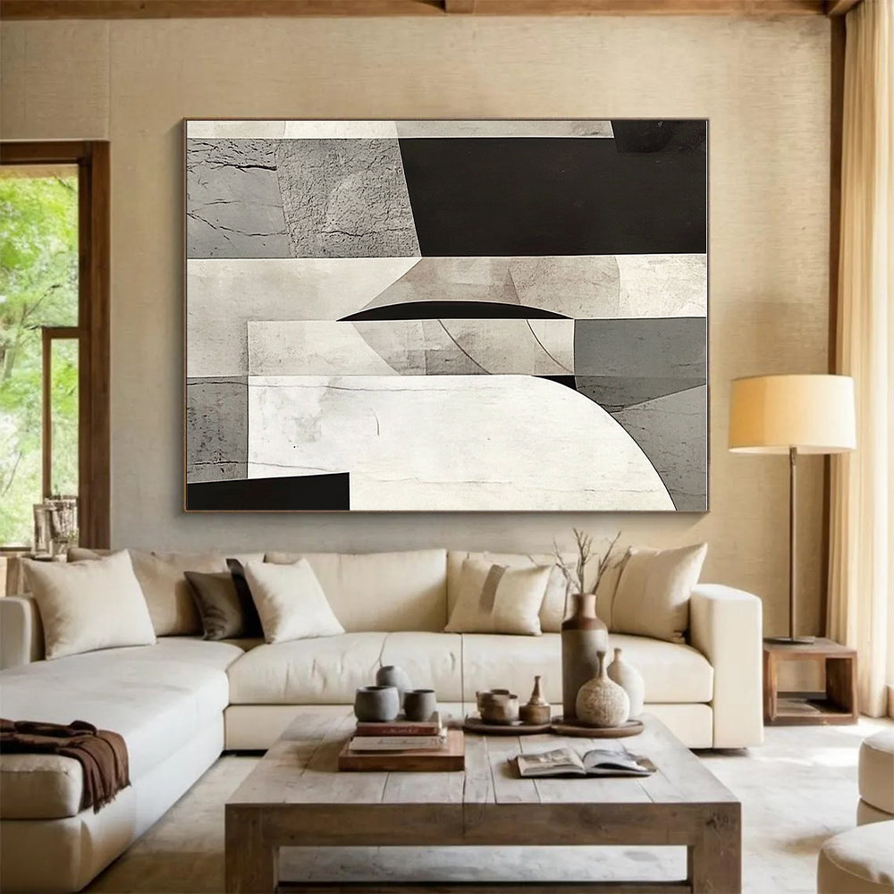 Gray and Black Geometric Collage Abstract Painting with Layered Textures GER014