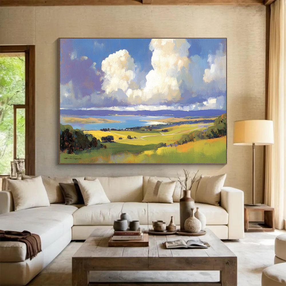 Scenic Landscape View Abstract Painting with Blue Green and Yellow Tones DYP581