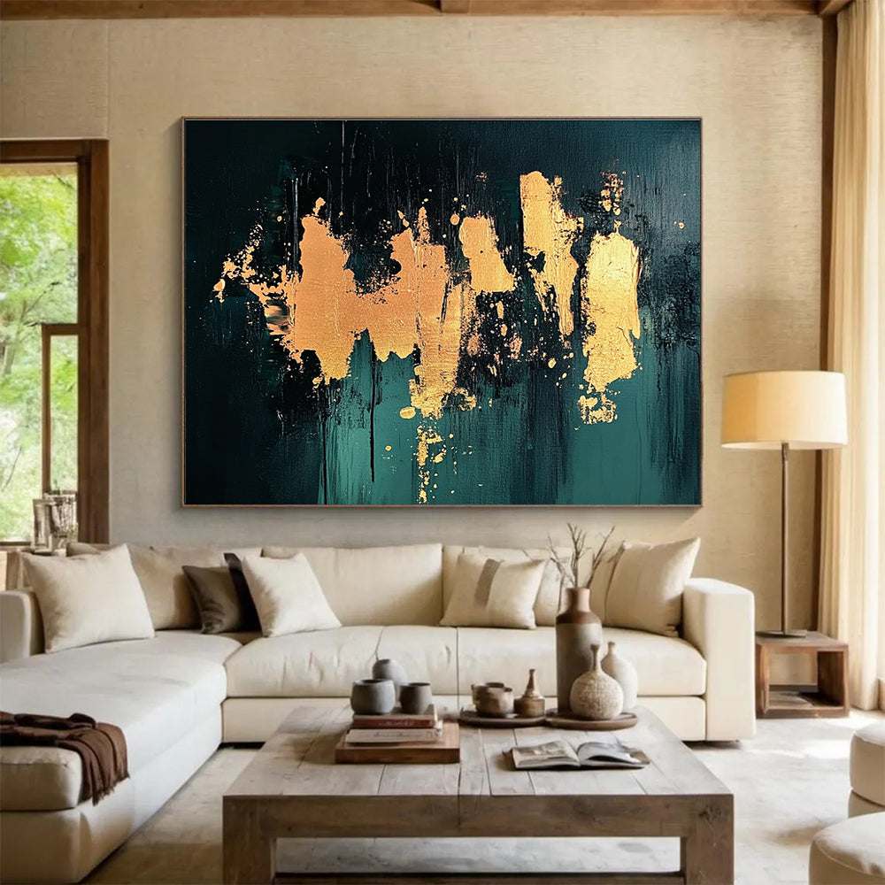 Gold Splash on Green Abstract Painting with Bold Textures DYP418