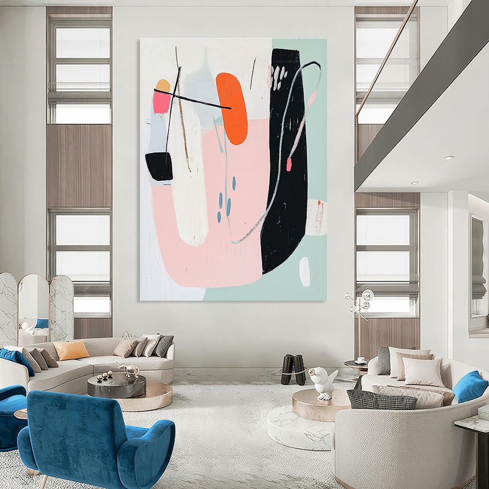 Abstract painting with bold geometric shapes in pastel pink white sage green orange and blue on a white background in mid-century modern style.STSC614