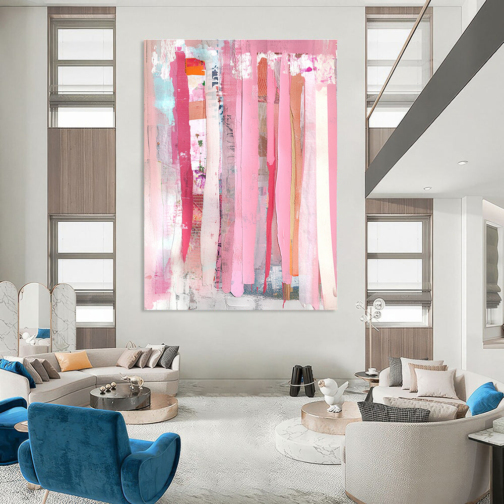 Bold abstract painting featuring peach-colored pink curtains with mixed media collage of torn paper and painted elements for a unique artistic expression.STSC1407