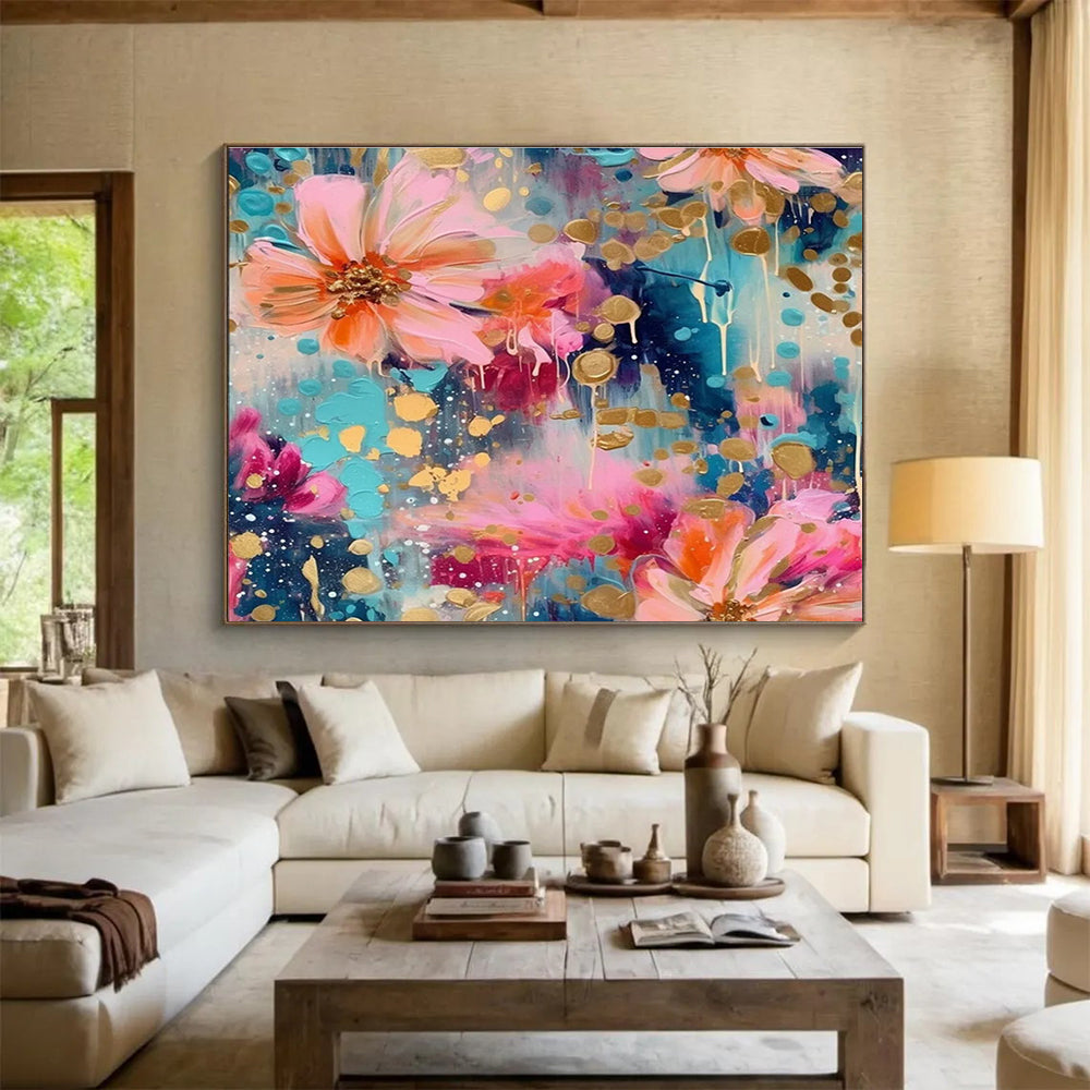 Floral Fantasy Abstract Painting with Pink, Blue, and Gold Accents THY289
