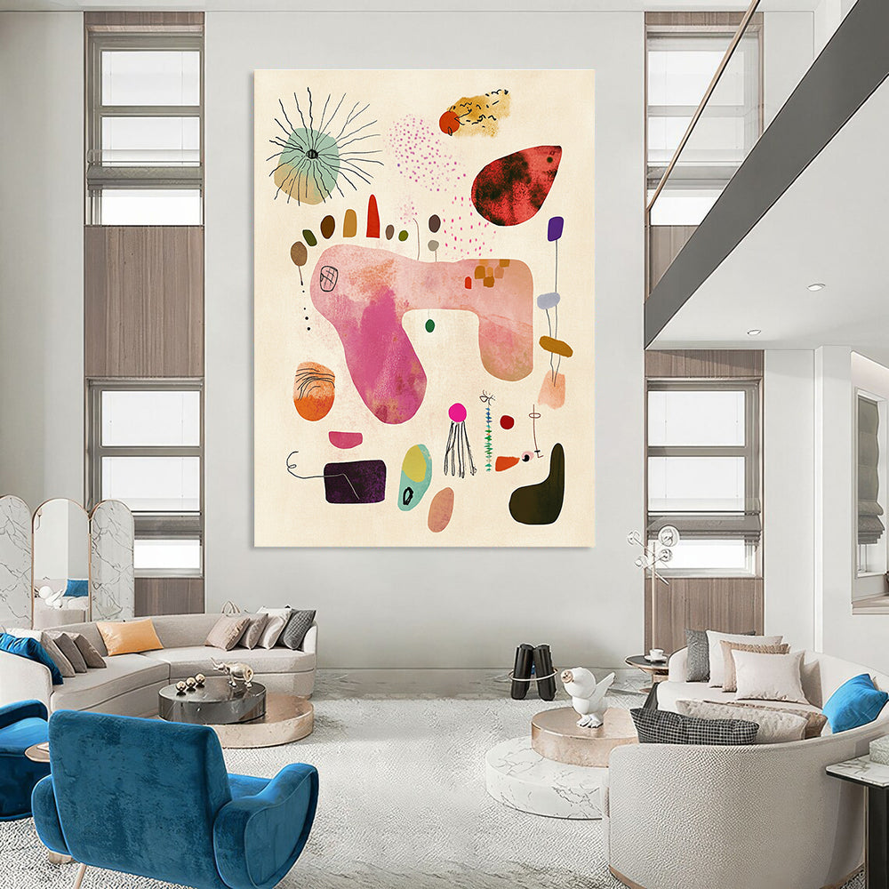 A large abstract painting featuring whimsical shapes and textures in soft pastel colors evoking joy and a carefree spirit on light beige paper.STSC1236