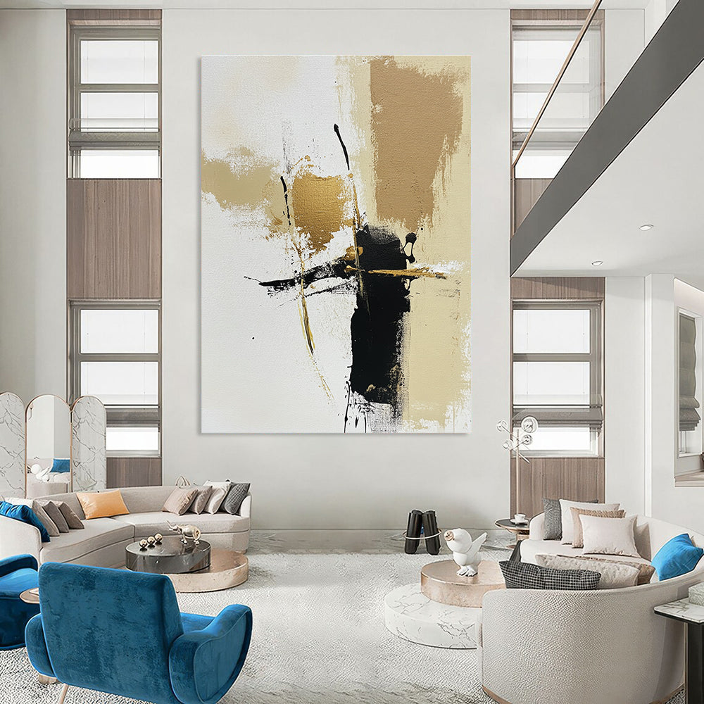 Large abstract painting featuring neutral tones with gold accents on a beige and white background highlighted by brown and black lines and brush strokes.STSC776