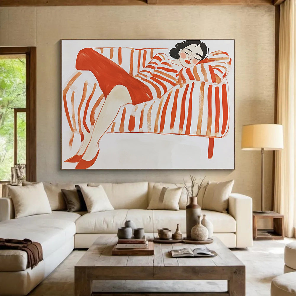 A large abstract painting in gouache featuring a woman lounging on a striped couch with simple lines in red and orange hues on a white background.SC496