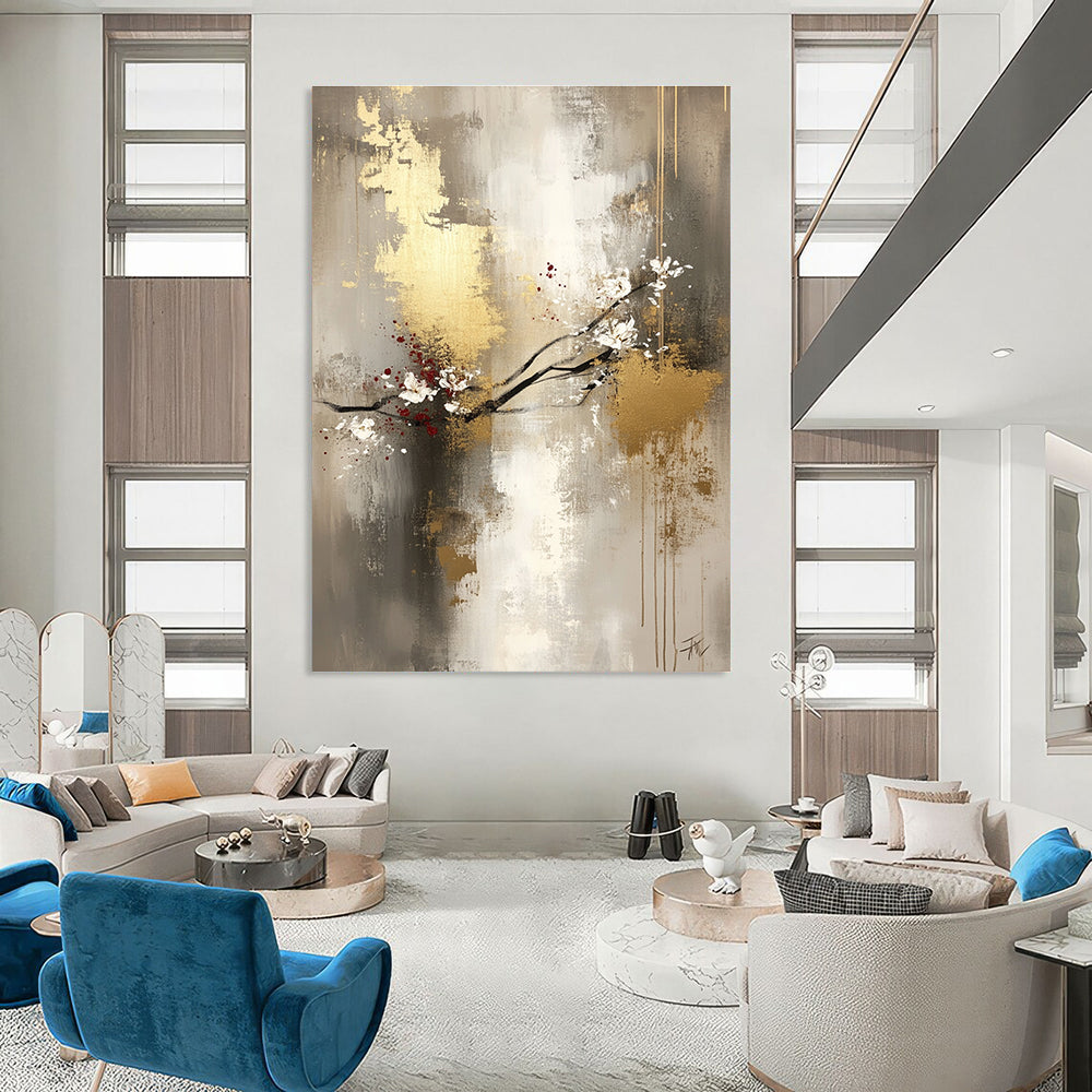 Large abstract painting featuring light gray and gold tones with delicate floral arrangements and a mysterious atmosphere on a spacious canvas.STSC434