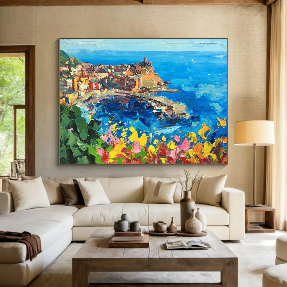 Blue Yellow Coastal Cliff Town Abstract Painting THY477