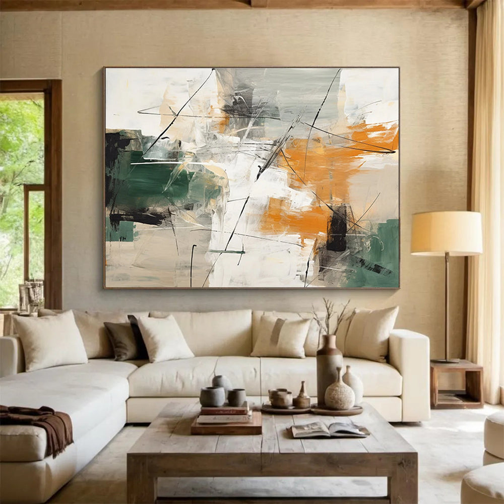 Green Orange and Grey Multi - colored Abstract Painting THY099