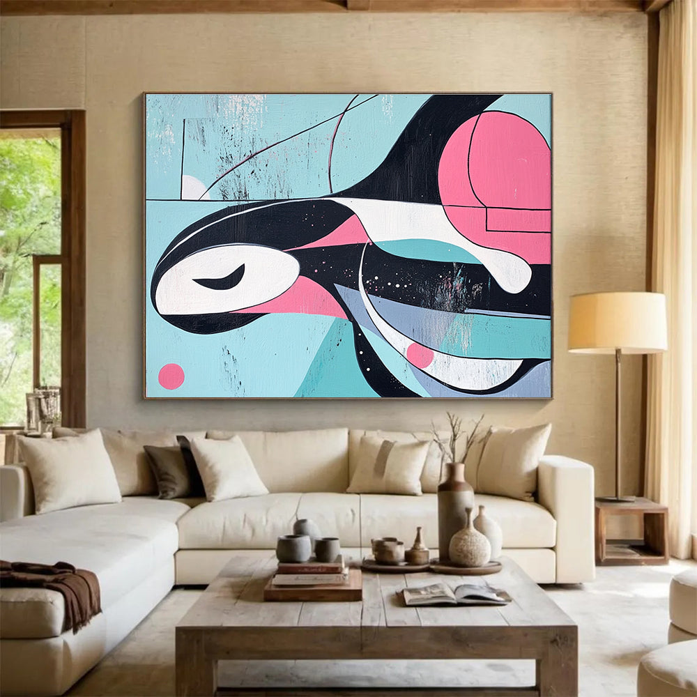 Large abstract painting of an orca featuring lines and shapes inspired by Kandinsky in a pink blue and grey color paletteSC167