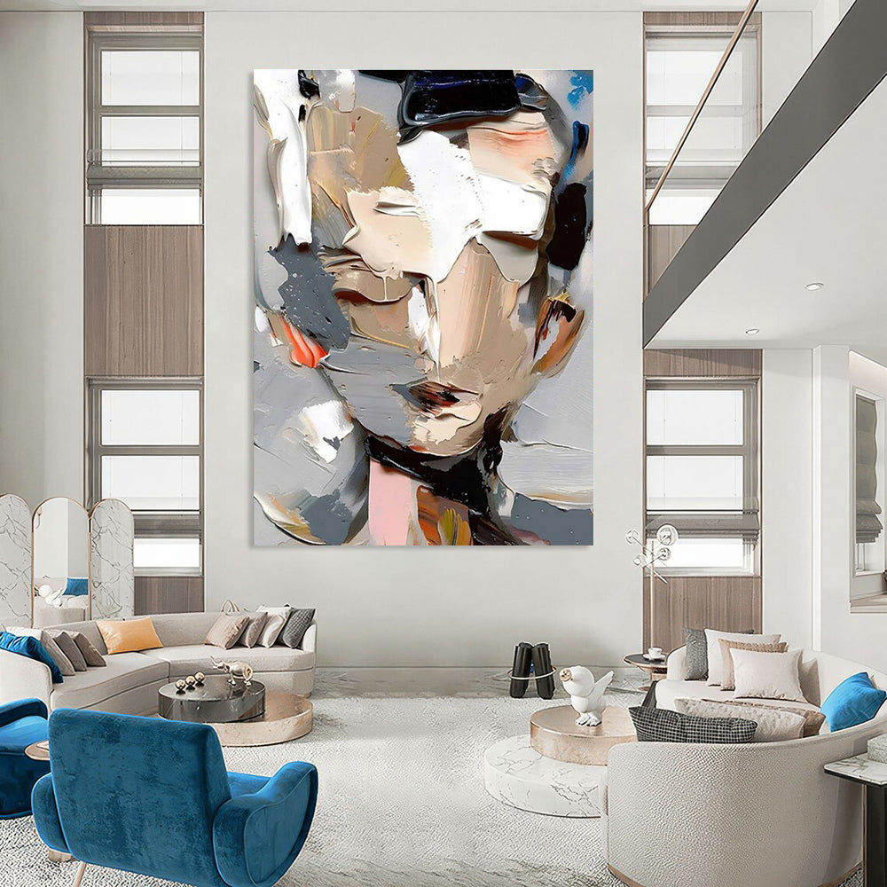 Color - layered Portrait Abstract Painting with Gray and Beige ADGE320