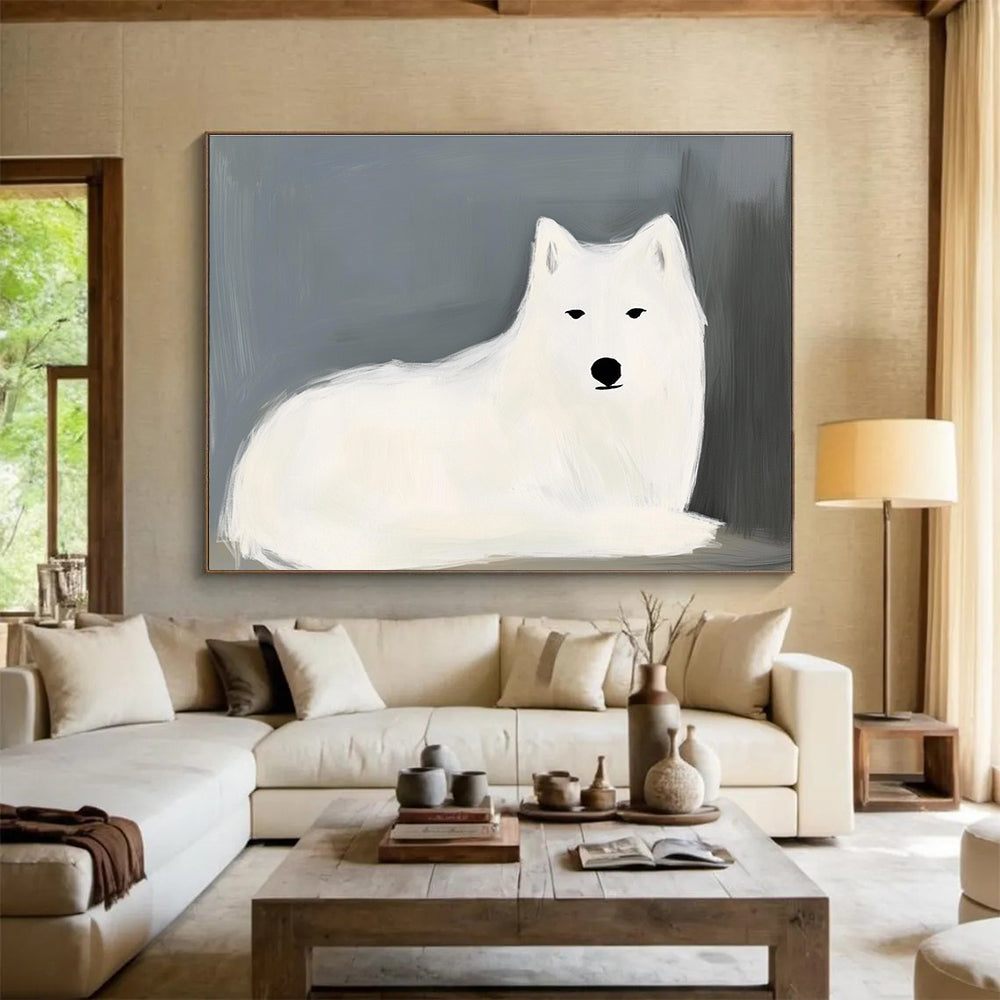 Abstract painting of a white wolf by Maud Lewis featuring simple lines and advanced color matching on a dark gray and light blue background.SC572