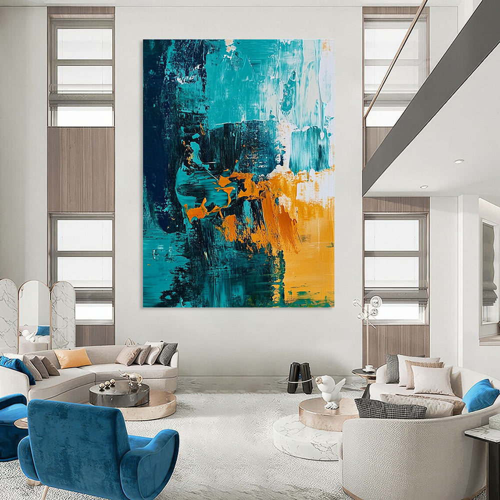 Large abstract painting of the ocean featuring teal and amber hues with expressive brush strokes for vibrant wall decor.STSC704