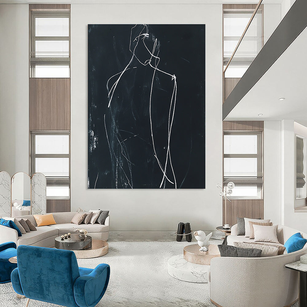 Large abstract drawing featuring a minimalist human figure in white chalk on black paper with soft lighting and shadows enhancing its form.STSC976