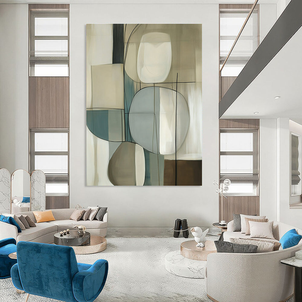 Large abstract painting with geometric forms in soft beige and cream shades featuring smooth textures and elegant negative space.STSC1321