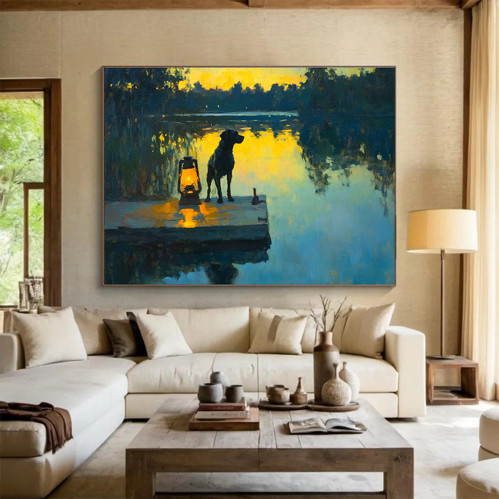 Dog by the Lake at Sunset Realistic - Abstract Painting with Warm Yellows DYP591