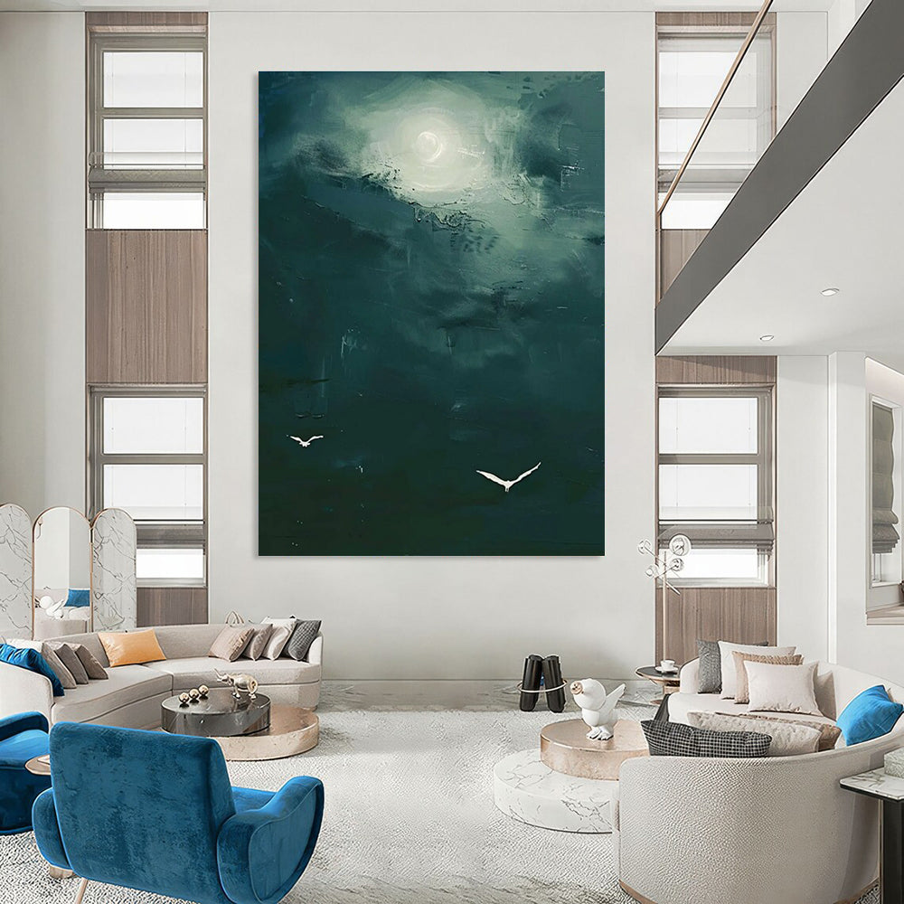 Green Sky with Birds Abstract Painting with Mysterious Light ADGE508