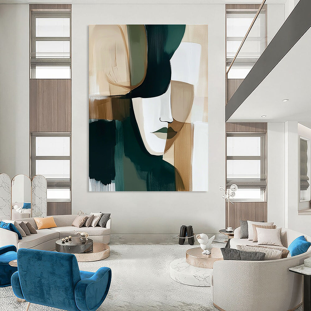 Abstract painting in dark green beige and white tones perfect for modern decor adding elegance and intrigue to any space.STSC749