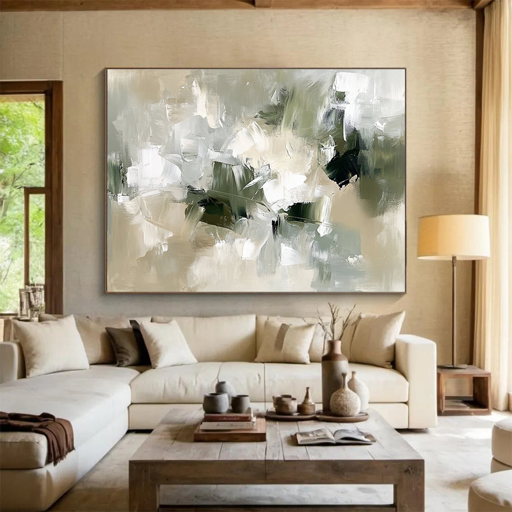 Large abstract painting in neutral colors with green and white thick brush strokes and organic shapes in an impressionistic style.SC351