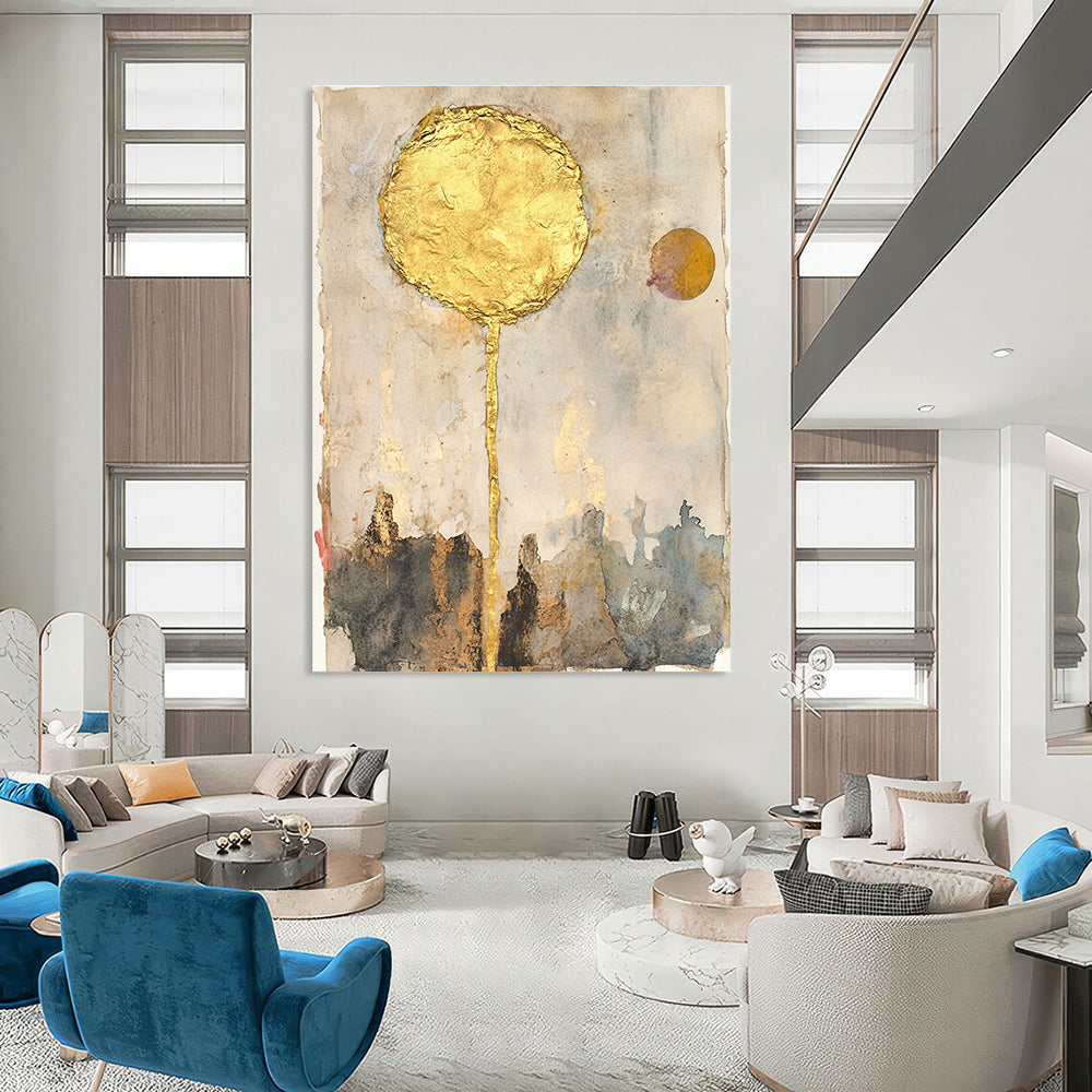 Abstract artwork featuring watercolor sun with gold leaf mixed media collage vintage papers and neutral tones inspired by John Bauer.STSC1461