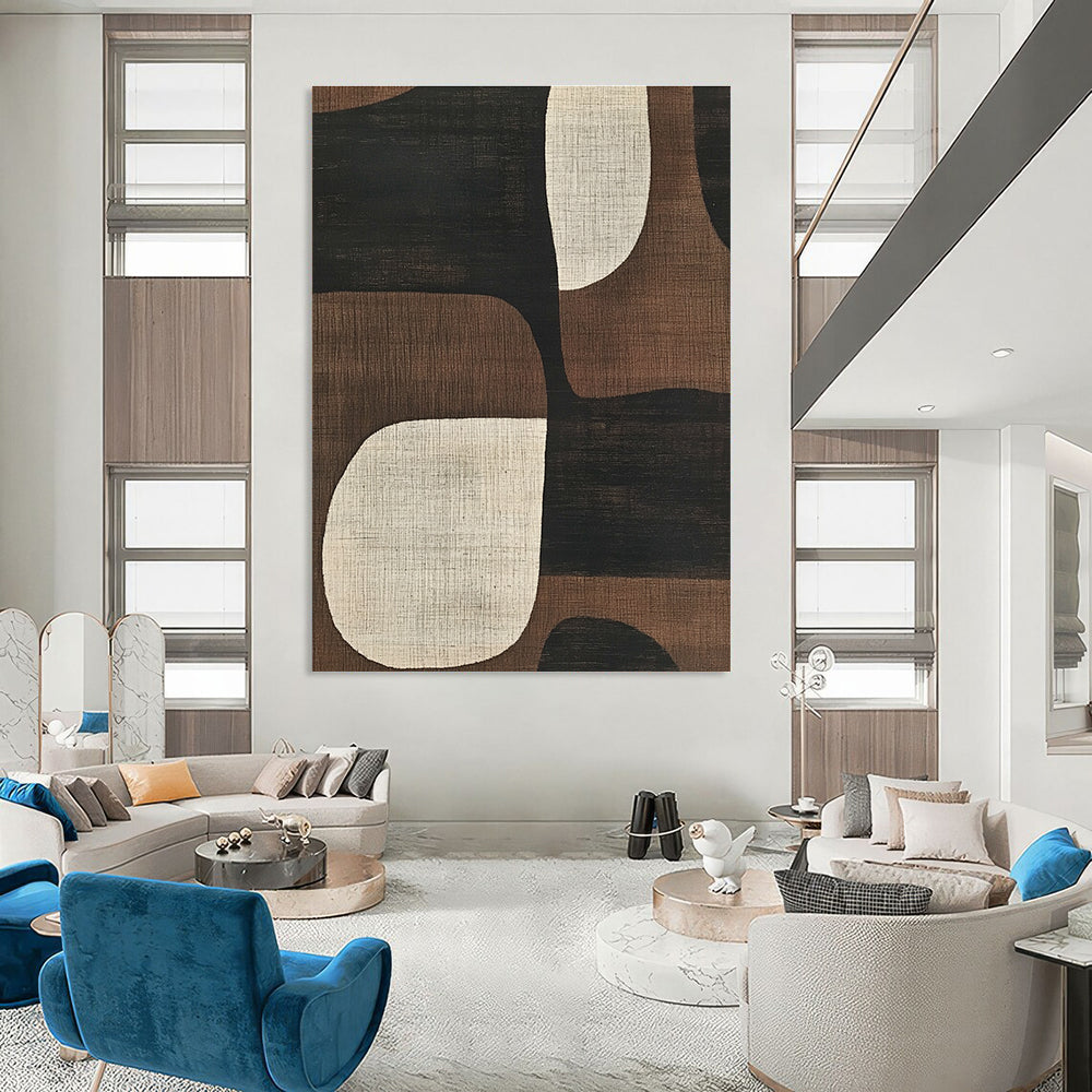 Abstract artwork featuring mid-century modern designs with simple shapes in neutral tones of black brown beige and white enhancing any space.STSC1320