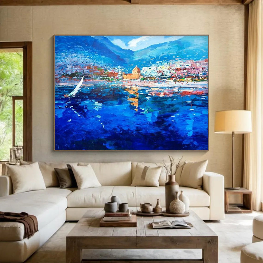 Blue Coastal Town Sailboat Abstract Painting THY481