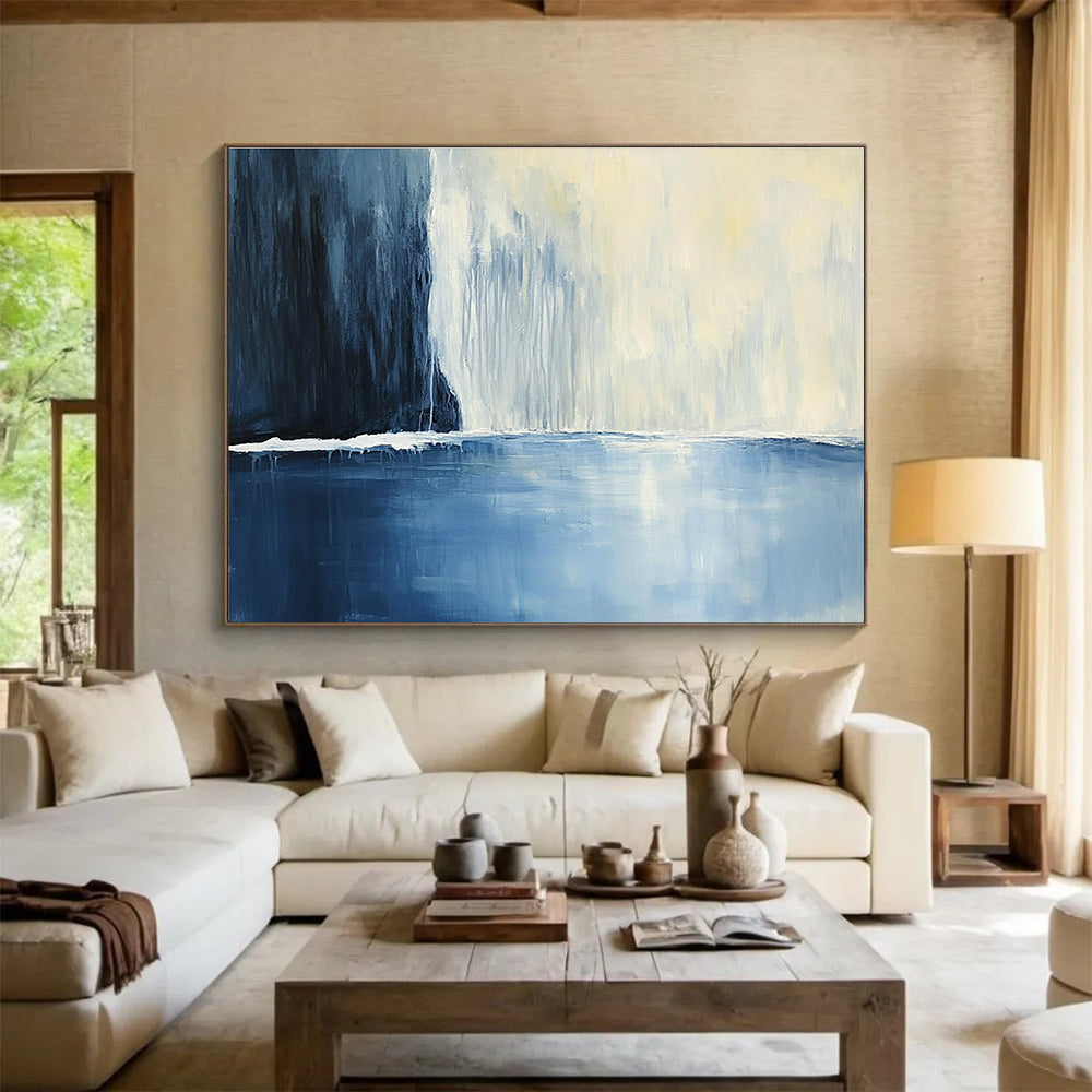 Blue and White Waterfall Abstract Painting with Serene Composition DYP206