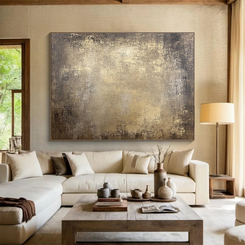 Large abstract canvas featuring distressed light brown tones with a textured rustic background perfect for an earthy decor style.SC533